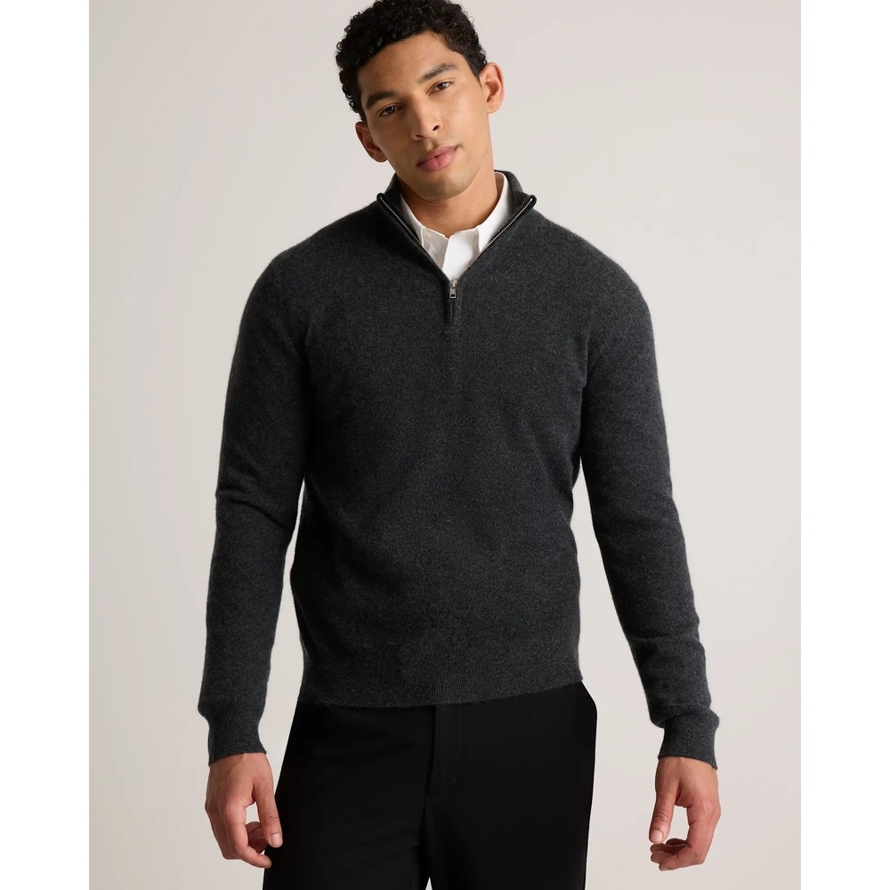 New Quince Men's Mongolian Cashmere Charcoal Quarter Zip Sweater (MSRP: $277) L